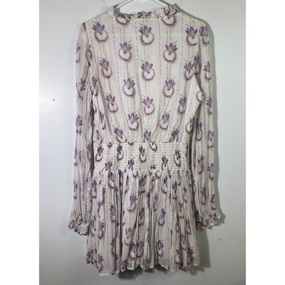 Womens Free People Wild Horses Smocked Boho Dress Sheer Sleeve‎ White Pink S - Picture 2 of 10